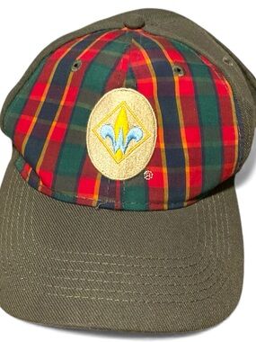 Vintage Boyscouts Plaid Patch Baseball Cap with Fleur-de-Lis Emblem